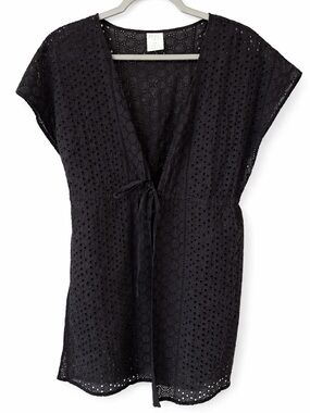Kona Sol Black Eyelet Tie-Front Swim Coverup